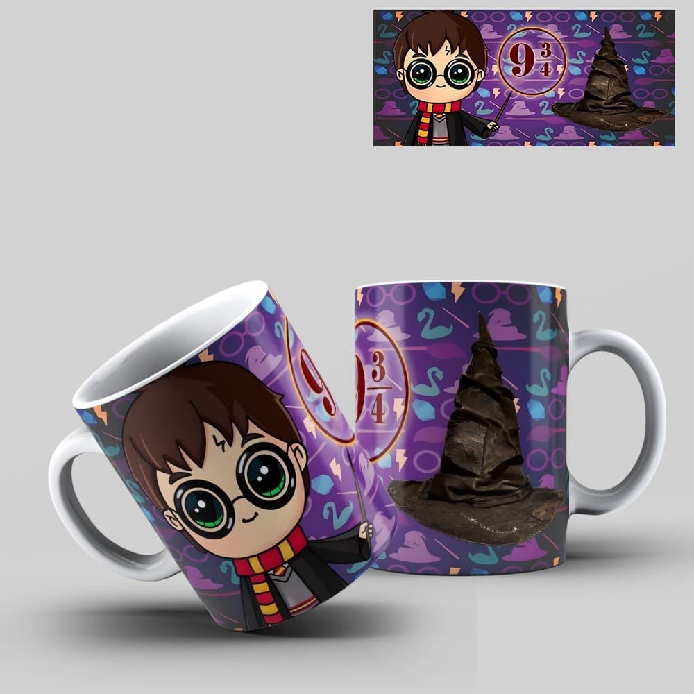Caneca Personalizada Harry Potter Chibi Plataforma 9 ¾ Chapéu Seletor Hogwarts Geek Nerd