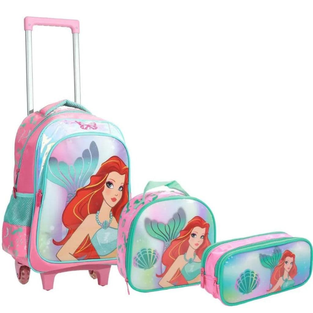 Kit Mochila Rodinha Lancheira Estojo Duplo Infantil Escolar Menina Ariel Pequena Sereia Yepp