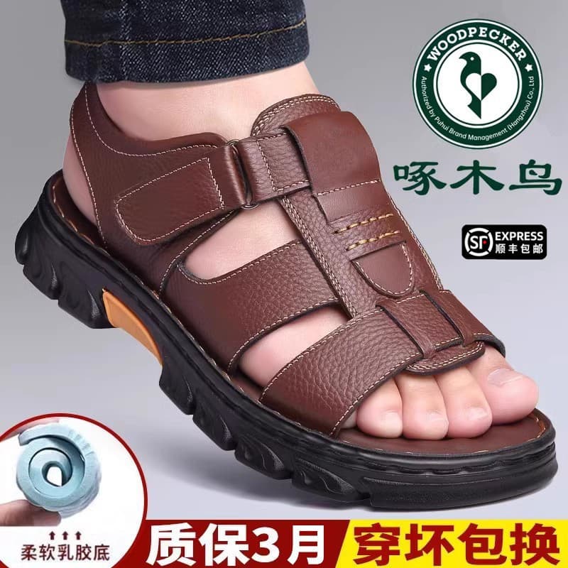 Sandálias Masculinas Woodpecker 2025 Novas Sandálias Casuais de Praia Masculinas em Couro Legítimo com Sola Macia de Lát