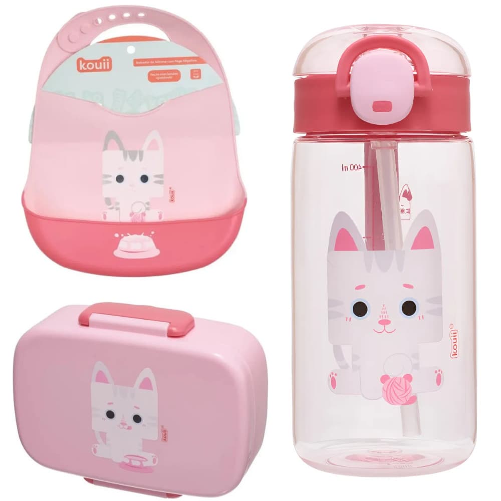 KIT GARRAFA, BABADOR SILICONE E BENTO BOX GATO MIA  - KOUII