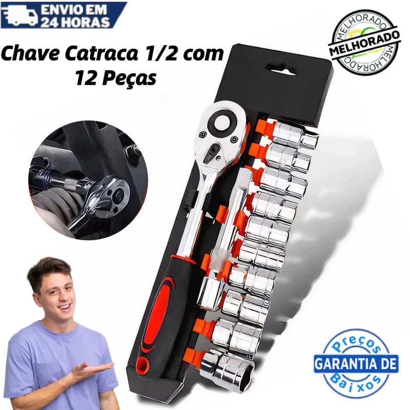 Jogo De Soquete Sextavado 1/2 Catraca 12 Peças 10 a 24mm com Extensão