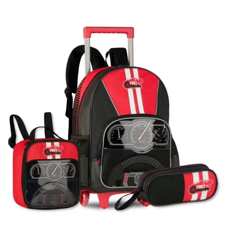 Mochila De Rodinhas Dinossauro T-Rex Attack Danger Com Lancheira Térmica e Estojo Escolar Completo Infantil Clio