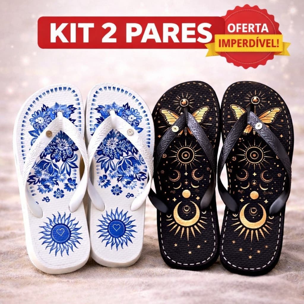 Chinelo Feminino Kit 2 Pares Estampa Floral e Celestial Leve Macio Antiderrapante Promoção