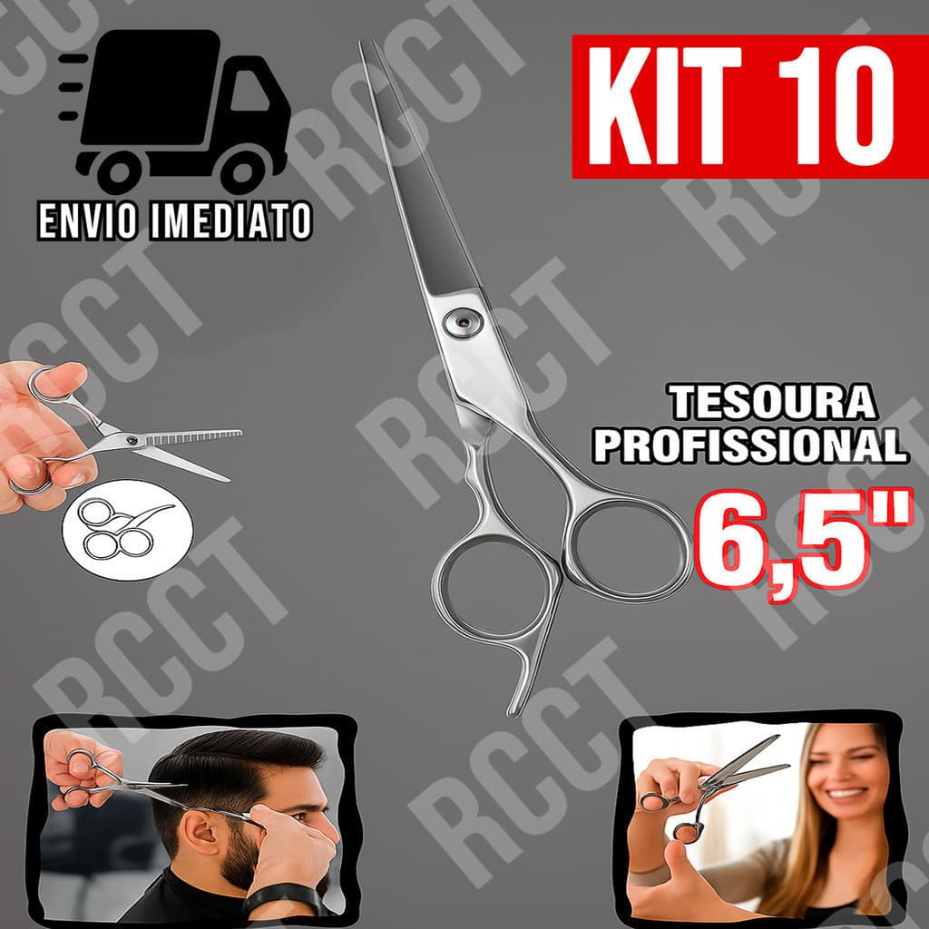 Kit 10 Tesoura de Corte Profissional para Cabelereiro 6,5" Salão de Beleza