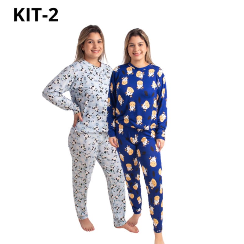 KIT 2 Pijamas De Frio De SUEDE  BLUSA LONGA+CALÇA AVELUDADA . ESTAMPAS VARIADAS