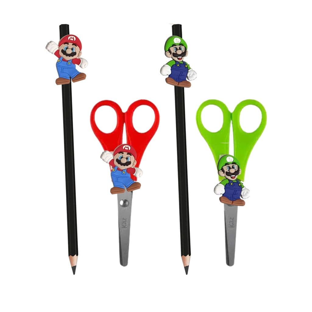 01 tesoura escolar e 01 Lapis escolar de escrever Mario Luigi papelaria material escolar super herói escola escolar estu
