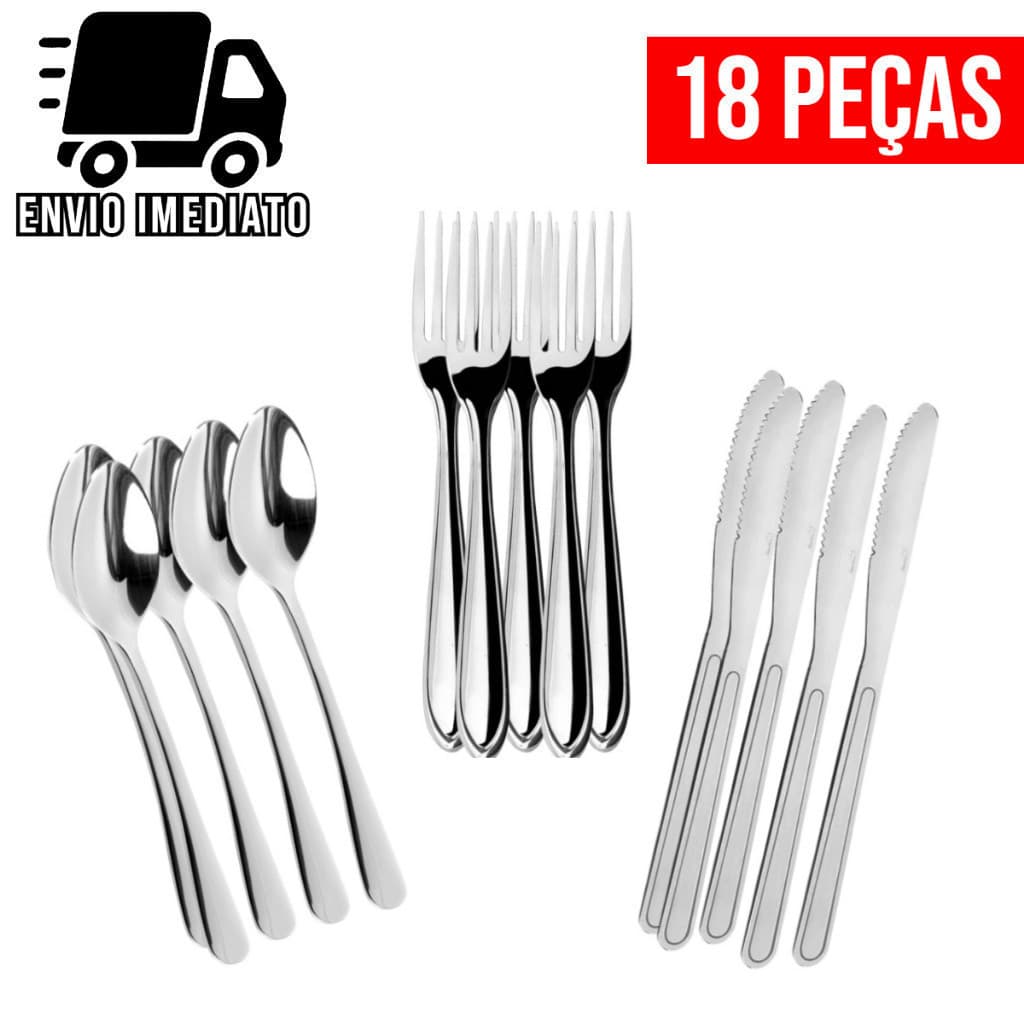Jogo de Talheres 18 Peças Cozinha Aço Inox Premium 6 Garfos 6 Facas 6 Colheres Conjunto de Talheres