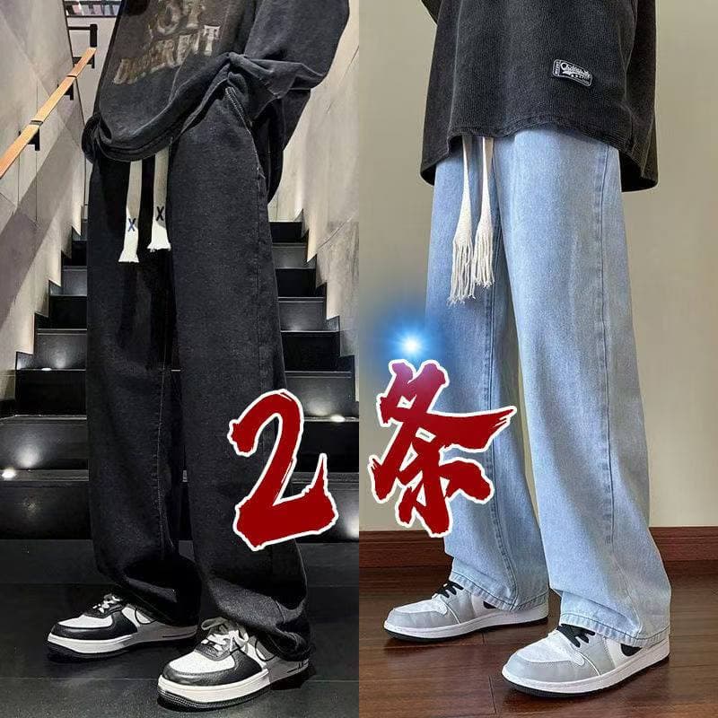 Calças de brim masculinas wear em linha reta solta perna larga americano Retro High street masculino Casual confortável