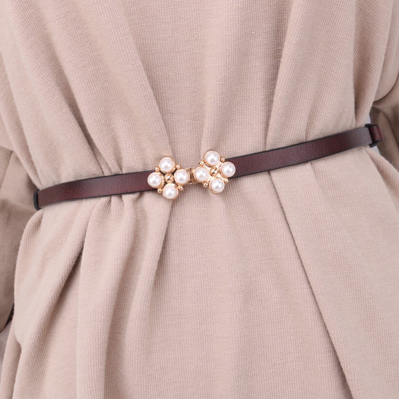 Pérola decoração cinto fino feminino combinando saia moda All-Match couro genuíno pequeno cinto vestido cintura corrente