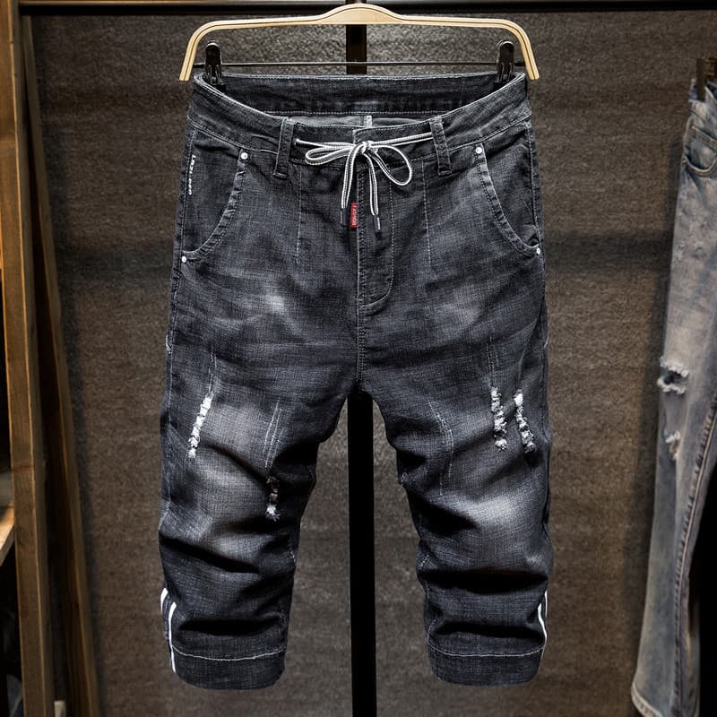 Verão fino rasgado Denim Shorts masculino Street Wear solto em linha reta calças cortadas calças masculinas calças de ci