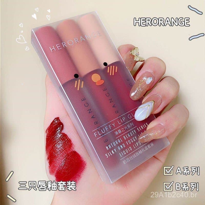 Conjunto de Presente de Três Brilhos Labiais HERORANGE Twilight Light para Estudantes Femininas, Acabamento Matte Avelud