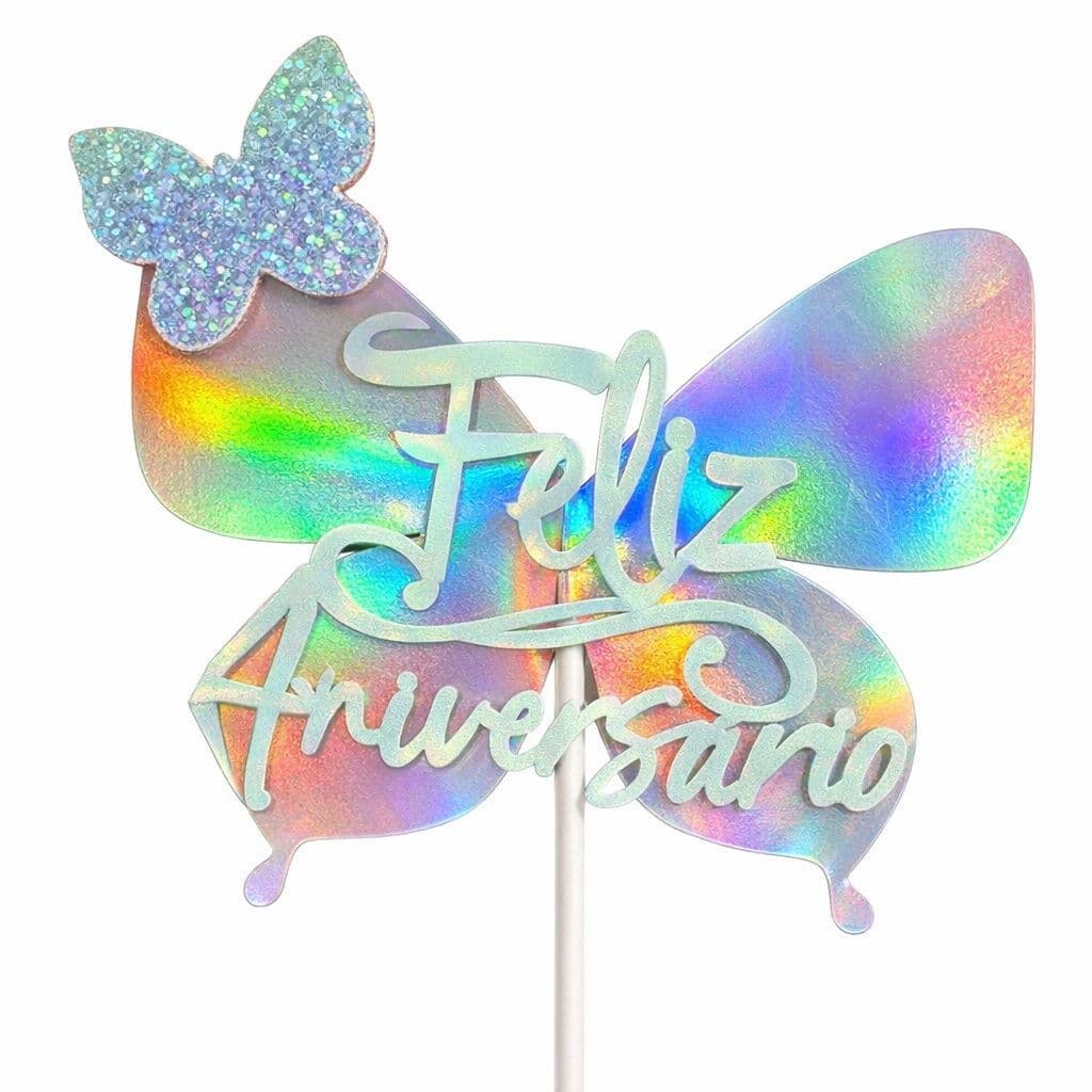 Topo Bolo De Borboleta Borboletas Decoração Festa Aniversário Placa Holográfico Brilho Glitter