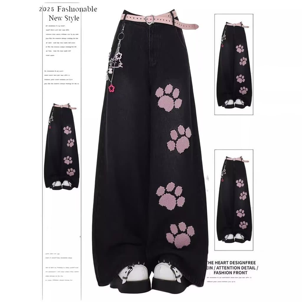 Calça Jeans feminina bordada com garra de gato, cintura alta, solta, perna reta