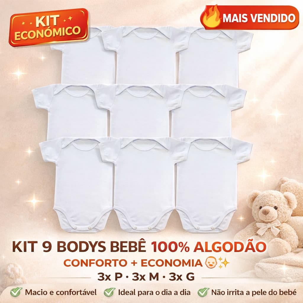 Kit 9 Bodys Bebê 100% Algodão Macio Confortável RN ao G Envio Rápido Promoção