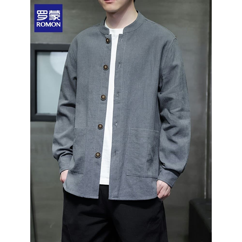 Romon linho camisa de manga comprida masculina primavera novo estilo estilo chinês jaqueta de gola alta estilo chinês ca
