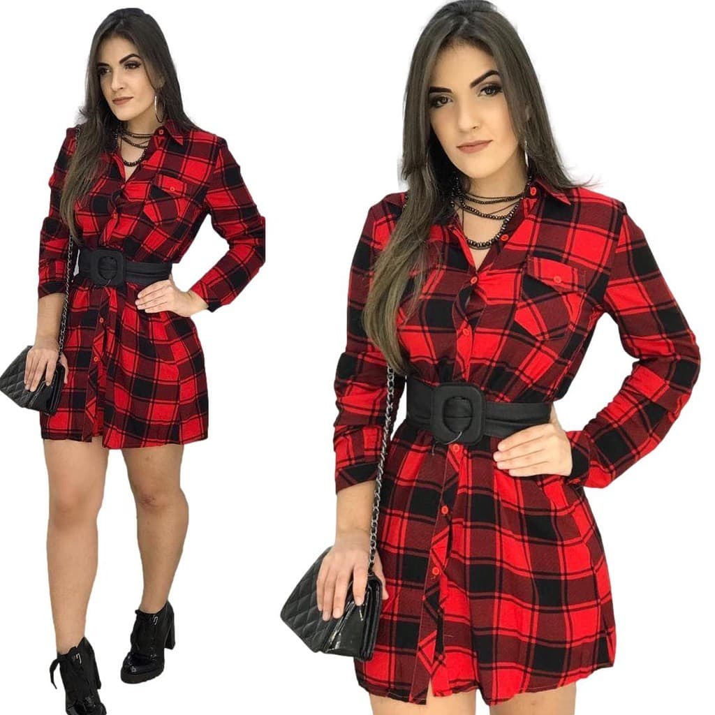 Vestido Feminina Xadrez Laço Camisão Moda Chemise