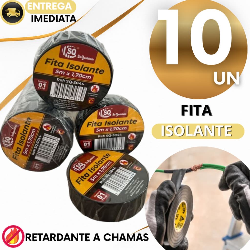 Kit 10 Fita Isolante Preta Antichama 5 Metros Reparos de Fios Multiuso Eletricista