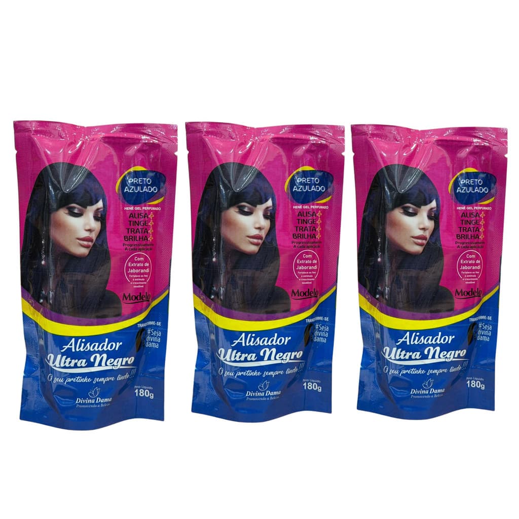 Kit C/ 3un Henê Ultra Negro Alisador 180g Preto Azulado
