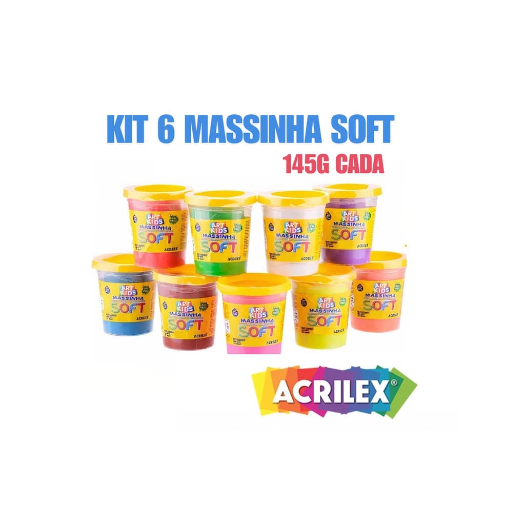 Kit 6 UND Massa/Massinha de Modelar infantil no Pote Cores Sortidas 150g Soft - ACRILEX