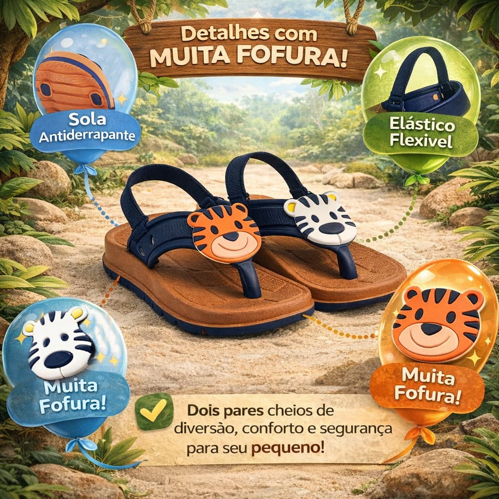 Kit 2 Pares sandália chinelo infantil Selvinha masculino confortável antiderrapante macio ZOO safari