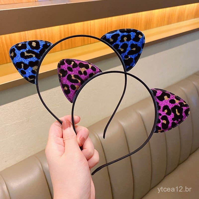 Tiara de Orelhas de Gato para Mulheres Xintian, Presilha de Cabelo com Estampa de Leopardo Vintage, Acessório de Cabelo