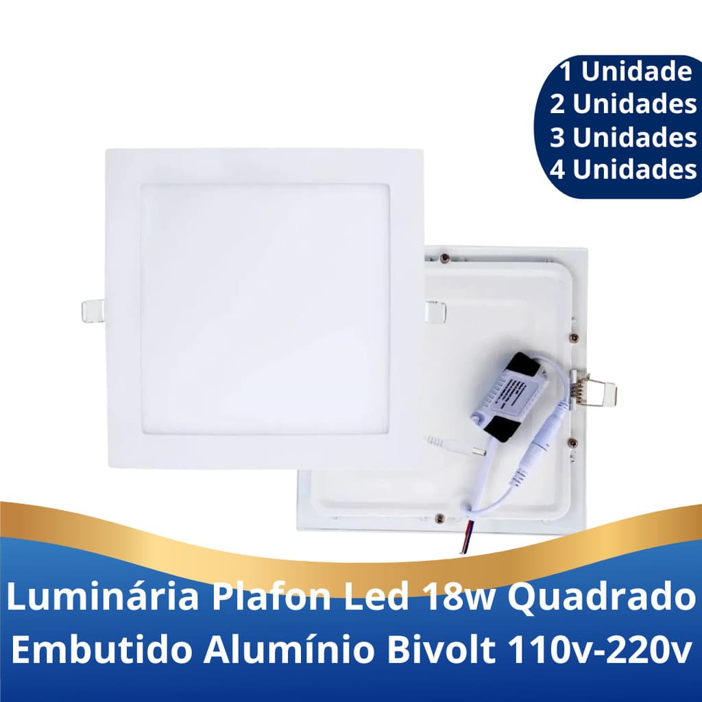 Plafon Led 18W Quadrado Embutir Alumínio 21X21cm Frio 6500k ou Quente 3500k 110v-220v