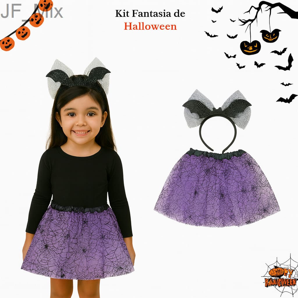 (V)Fantasia Infantil Halloween Saia Roxa com Tiara de Morcego 🕸️WM0T