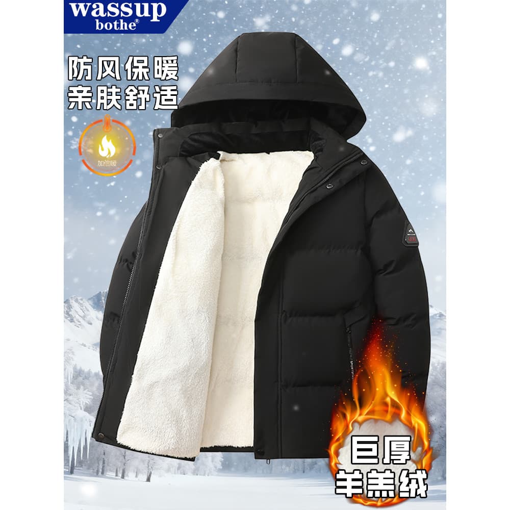 Forro de lã engrossado cordeiro velo acolchoado jaqueta masculina inverno com capuz à prova de vento à prova de frio que