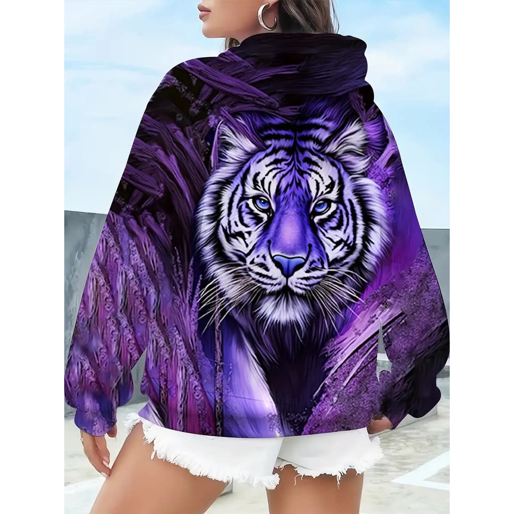 Moletom feminino plus size Tiger Face 3D com estampa de capa completa - pulôver com estampa Animal roxo e preto com bols