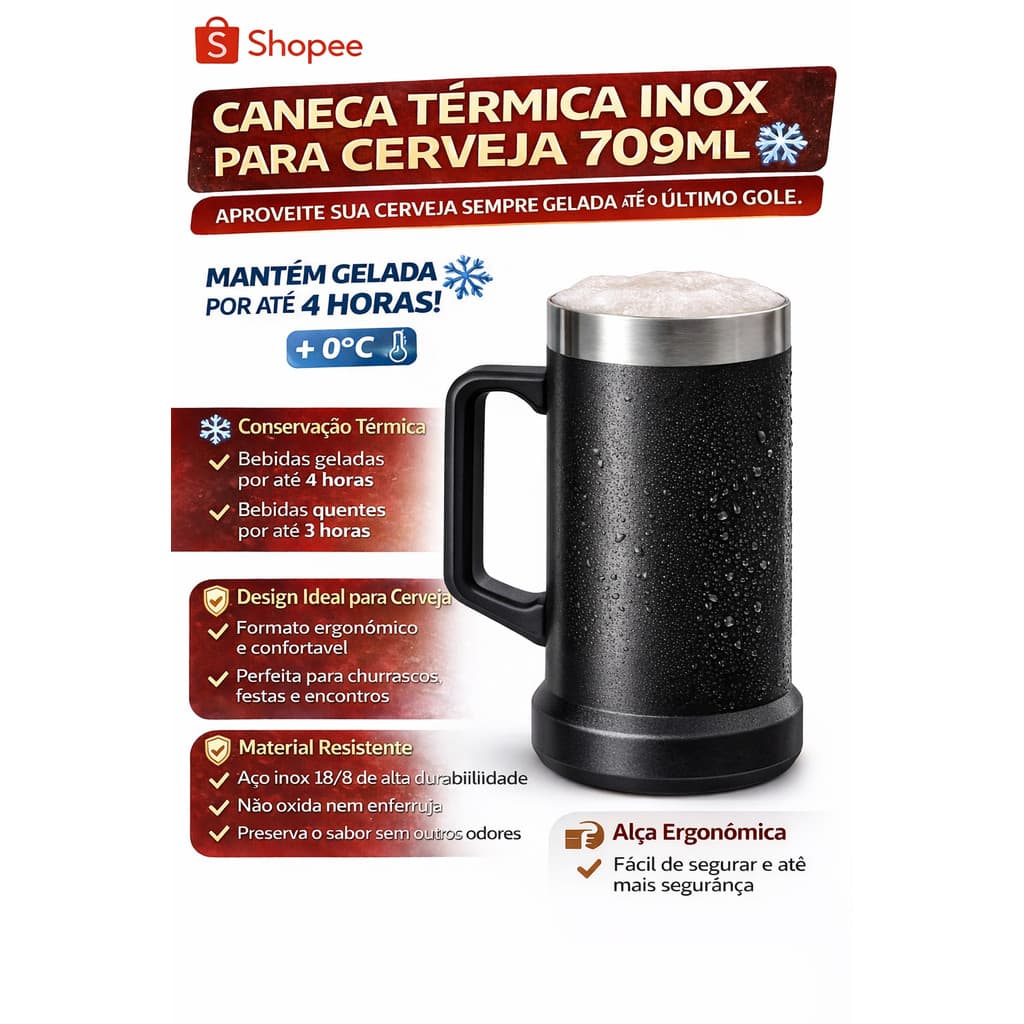 Caneca Térmica de Cerveja Inox 709ml Parede Dupla Chopp Copo Térmico com Alça cor Preta