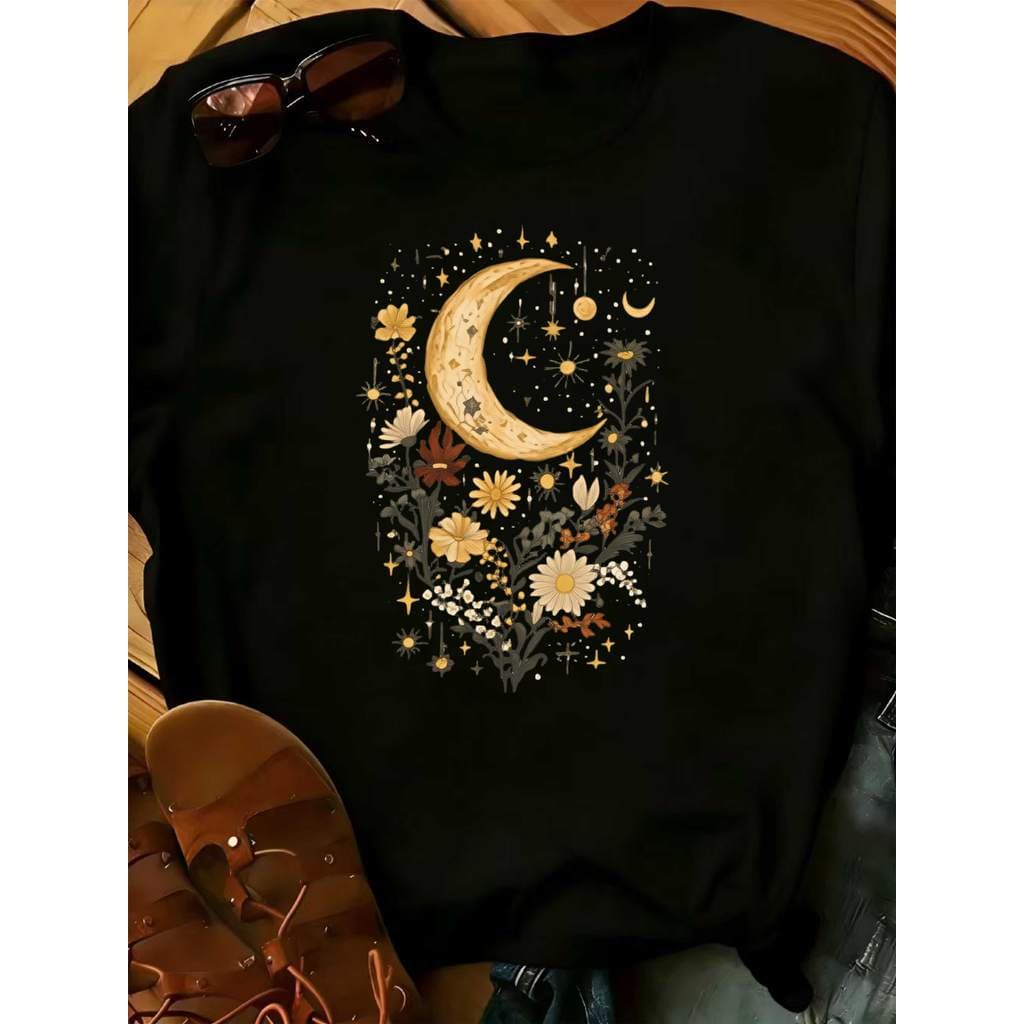 Linda camiseta com estampa retrô de lua floral e estrelas para moda feminina casual