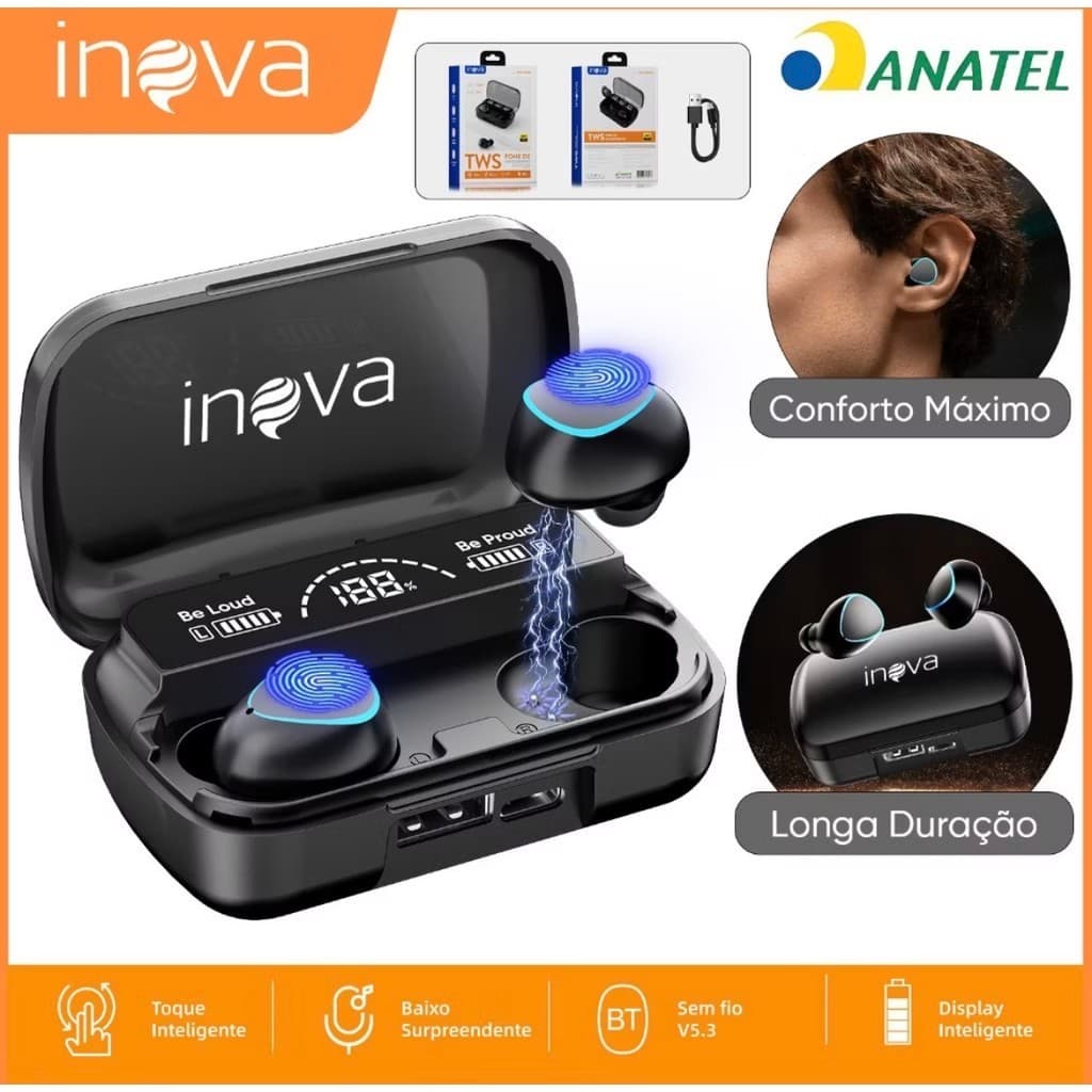 Fone de ouvido  Bluetooth TWS 5.3 Cancelamento Ruído Bateria 36H Driver 14.2mm Conforto