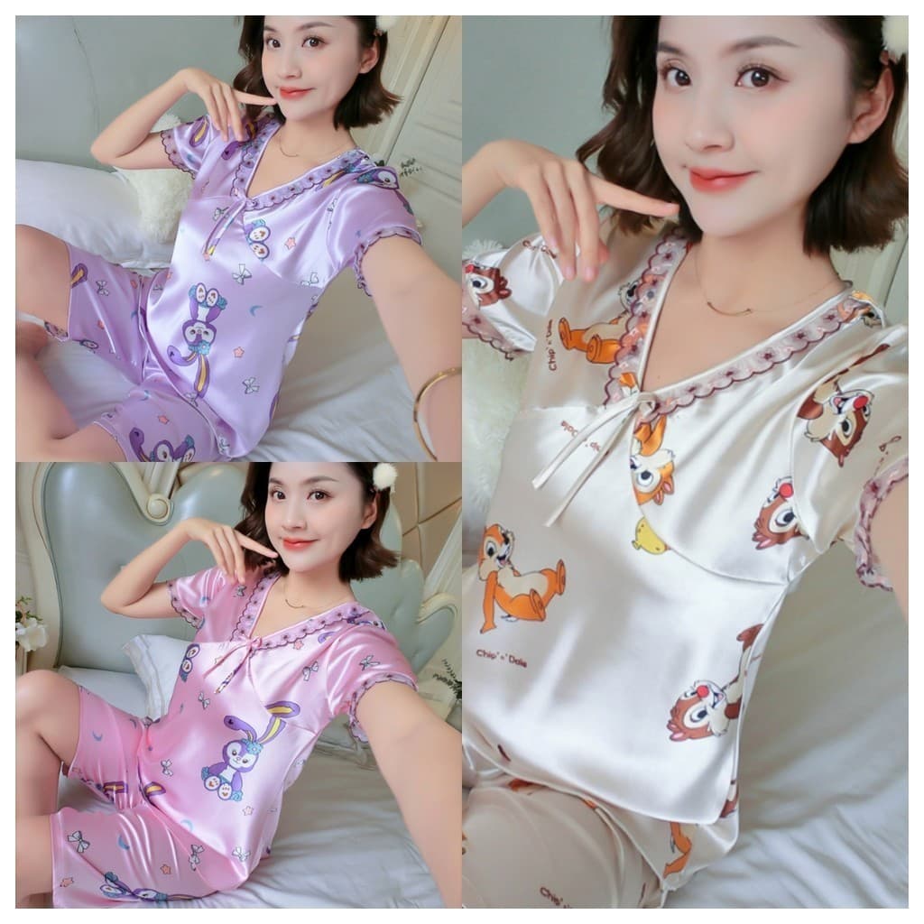 Pijama De Seda Feminino Com Decote Em V Verão Renda Manga Curta Cetim Estilo Princesa Roupa De Dormir
