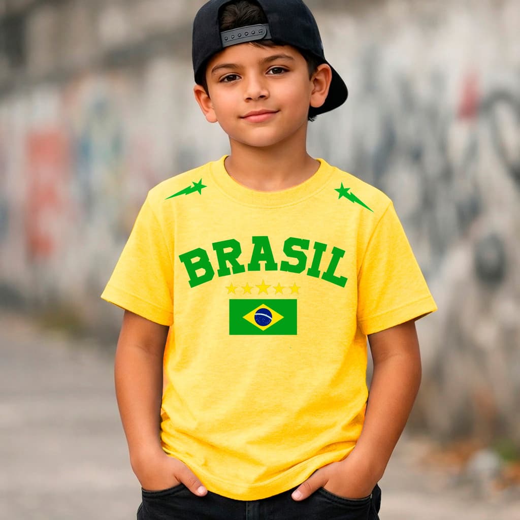 Camiseta 100% Algodão Amarela Estampa Bandeira do Brasil Copa Futebol Hexa Unissex Street Wear Estilosa