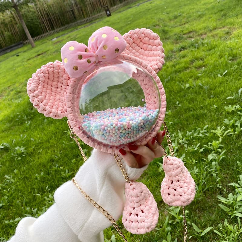Influenciador caseiro saco de malha à mão feminino diy Material saco de lã costurado à mão Mickey transparente de um omb