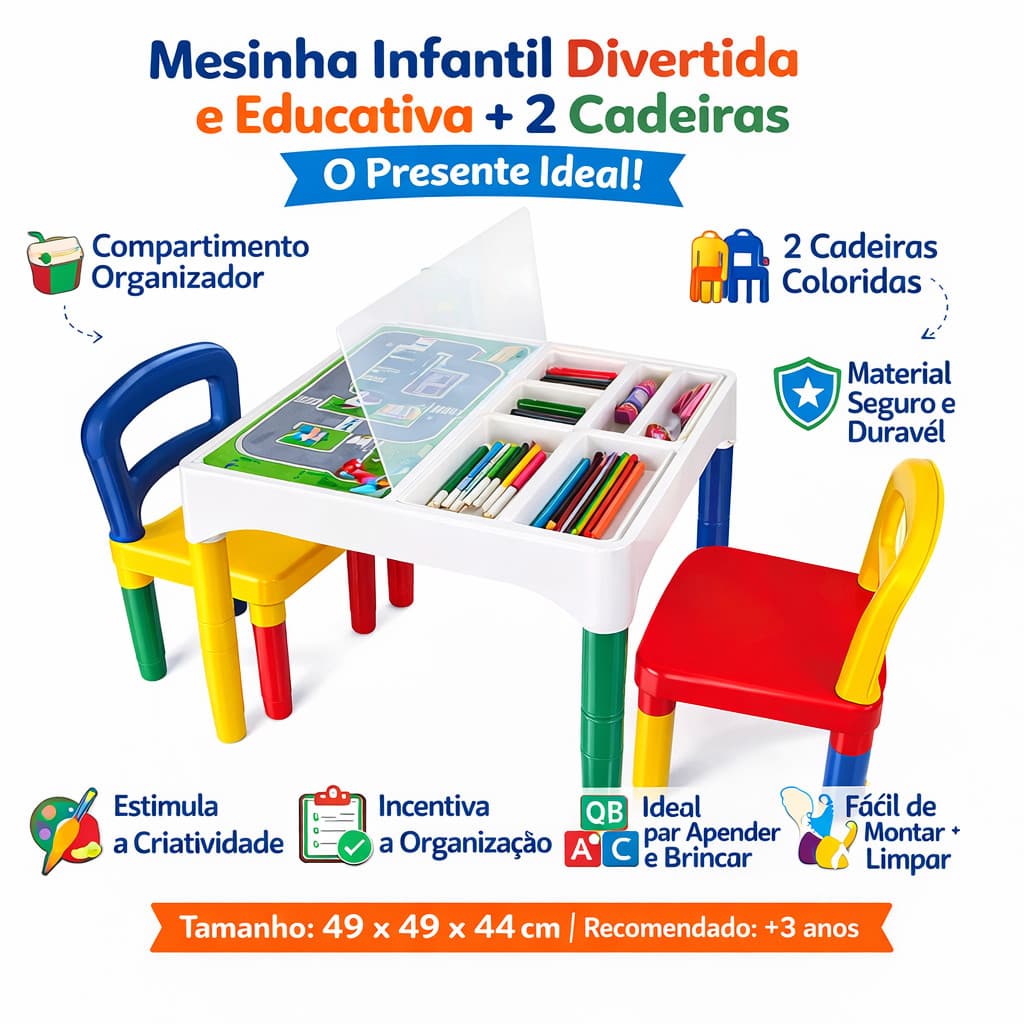 Mesa Mesinha Infantil Didática Educativa Com Tampa e 2 Cadeiras Envio Imediato