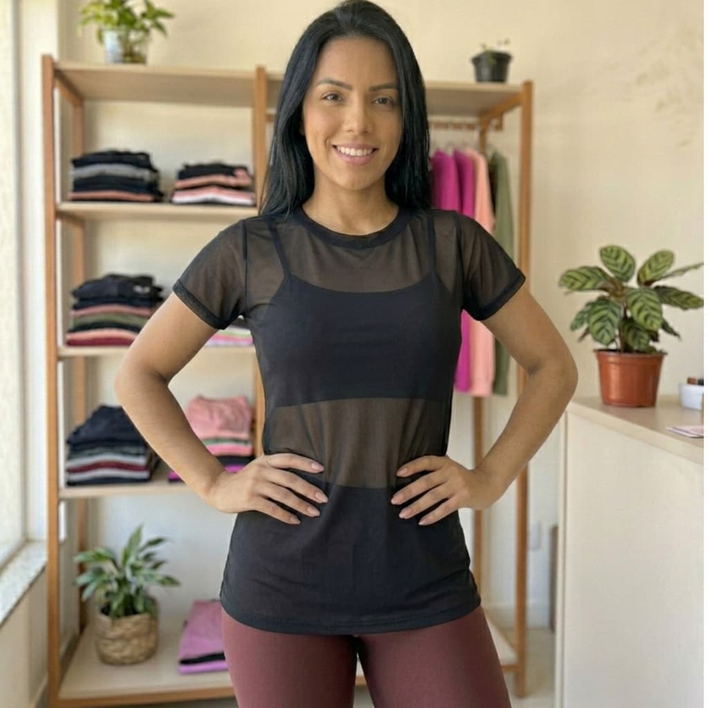 Blusa Academia Tule Transparente Feminina Manga Curta Look Fitness Tendência