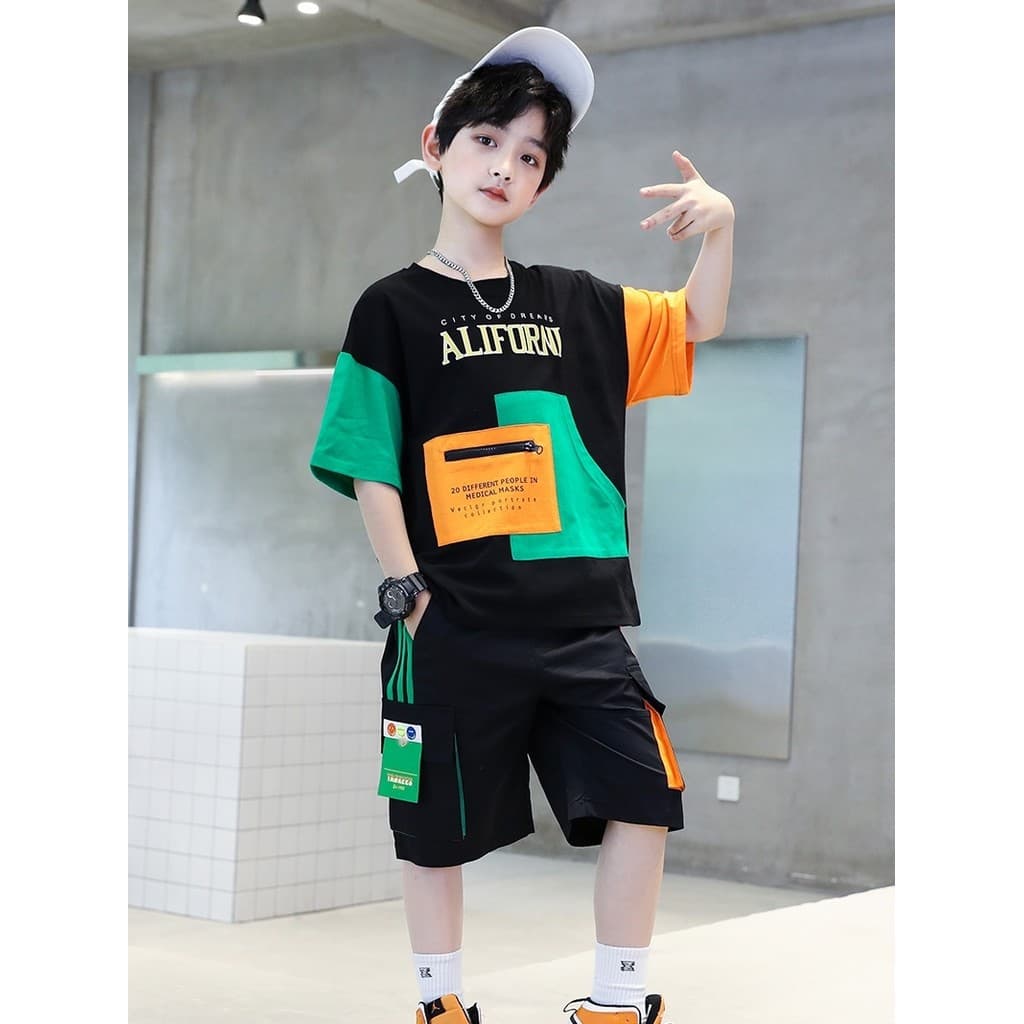Meninos terno de verão 2026 novo estilo crianças verão manga curta cor-bloqueio roupas da moda médio grande crianças esp