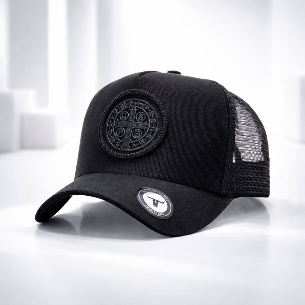 Boné de São Bento Preto Country Trucker Americano Tela Estilo Ajustável Proteção e Fé