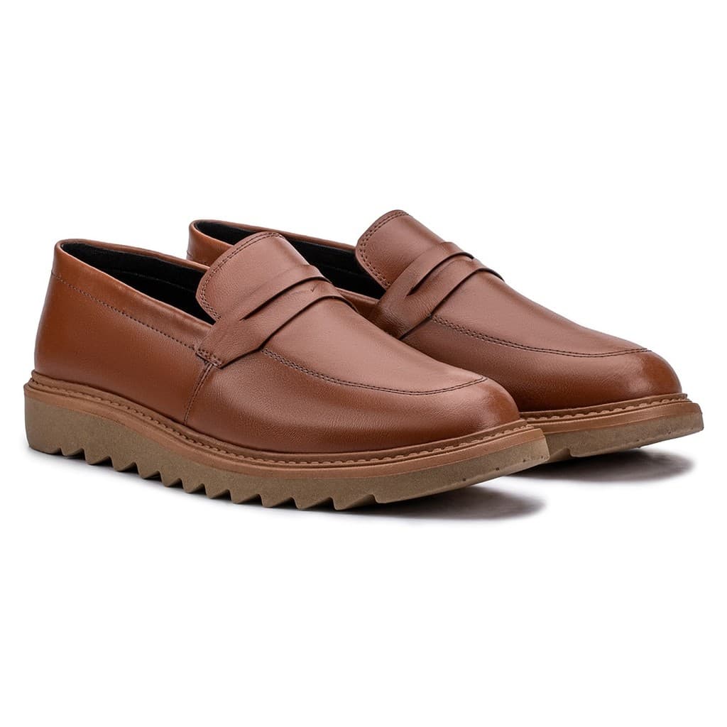 Sapato Oxford Social Formal Couro Premium Sola Diferente Tratorada Estilo Loafer Whisky