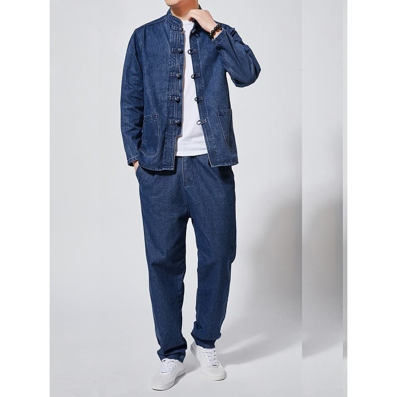Outono estilo chinês terno Casual Tang terno masculino solto Denim jaqueta estilo chinês fivela jaqueta Retro terno de d