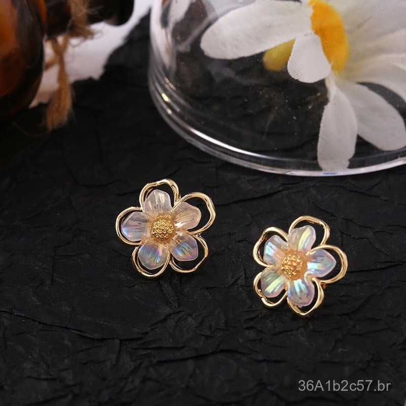 Brincos femininos de prata 925 com flor de concha de dupla camada, estilo coreano Dongdaemun, elegantes e estilosos, bri