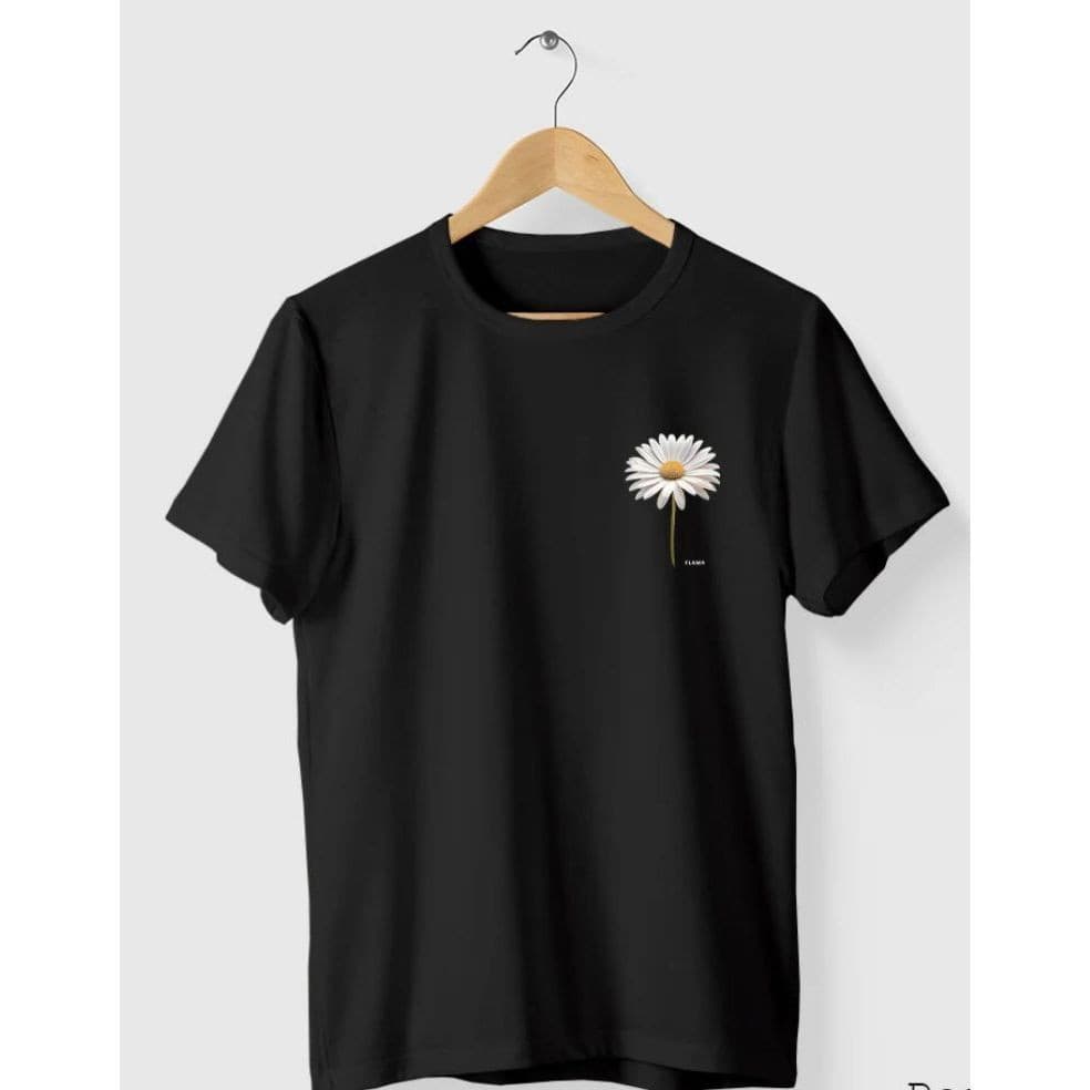Camiseta Preta Básica Flor Margarida Camisa Blusa Masculina e Feminina 100% Algodão