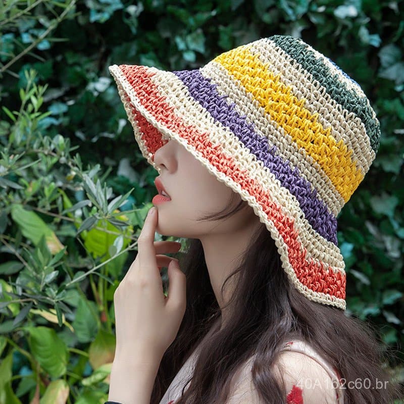 Chapéu de palha listrado colorido estilo Hyuna para mulheres, versão coreana de verão, com design vazado, chapéu de pesc