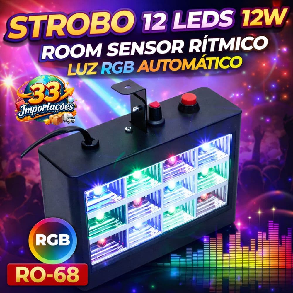 Strobo 12 Leds 12W RGB Automático Sensor Rítmico Room Sensor Luz Festa Balada DJ Strobo Profissional RO-68 Bivolt