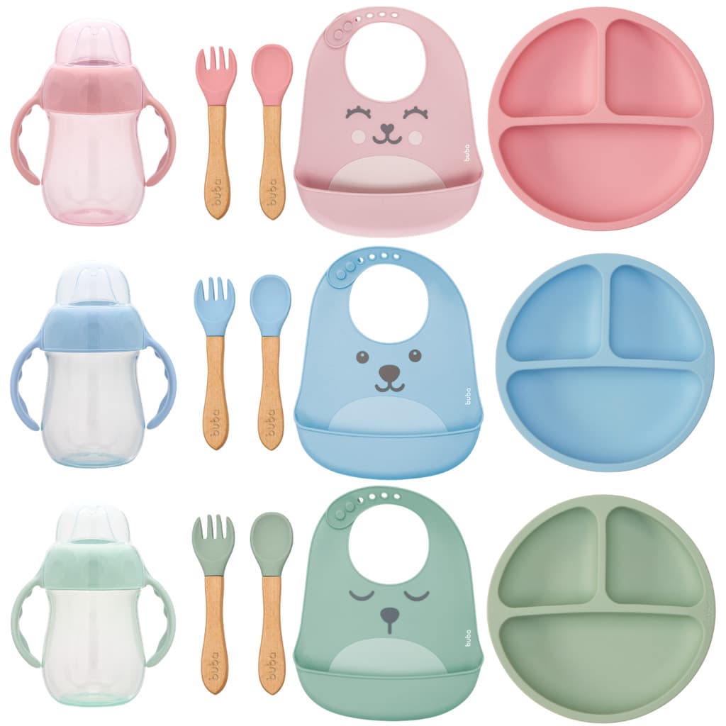 Kit Introdução Alimentar Gumy Buba 5 Peças Prato Divisória Babador Copo 160ml e Kit Talheres