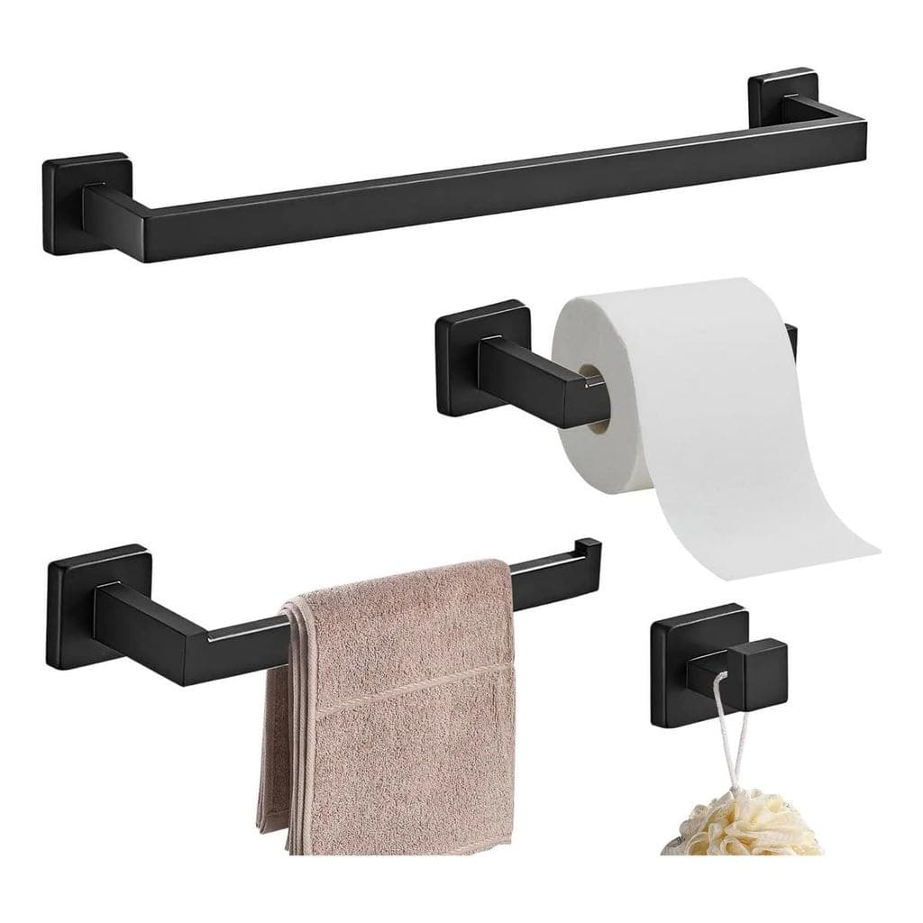 Kit Acessórios para Banheiro em Aço Inoxidável Preto Fosco, 4 Peças, com Toalheiro, Porta-Papel e Gancho