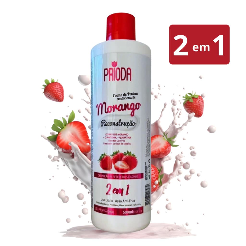 Creme de Pentear Condicionante PRIODA 2 em 1 Extrato de Morango e Reconstrução Capilar 500mL