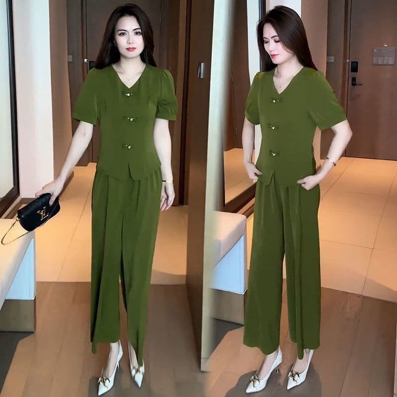 Nova moda chinesa terno feminino verão novo estilo elegante mais magro olhar botão de manga curta calças de perna larga
