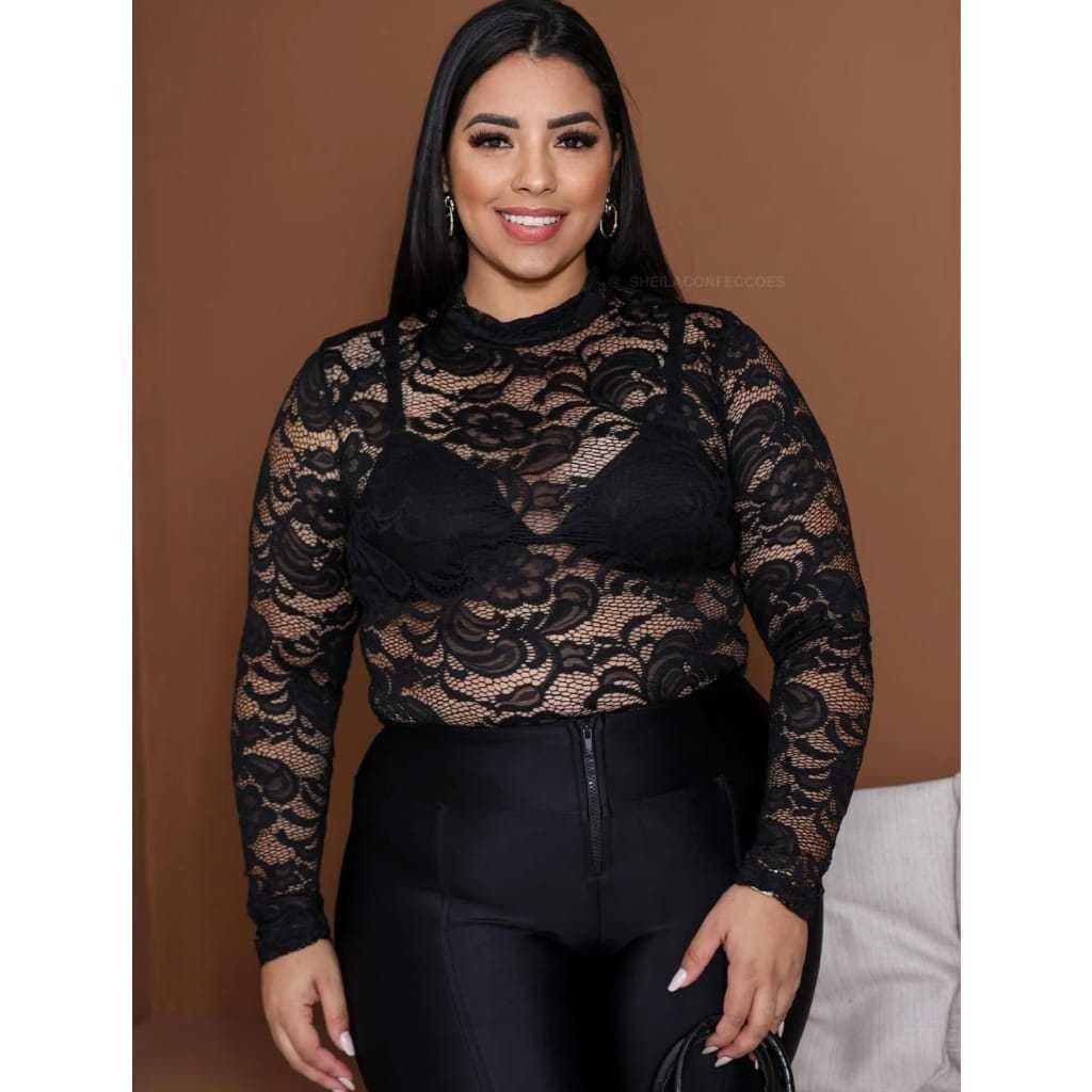 Body Renda Feminino Manga Longa Floral Plus Size